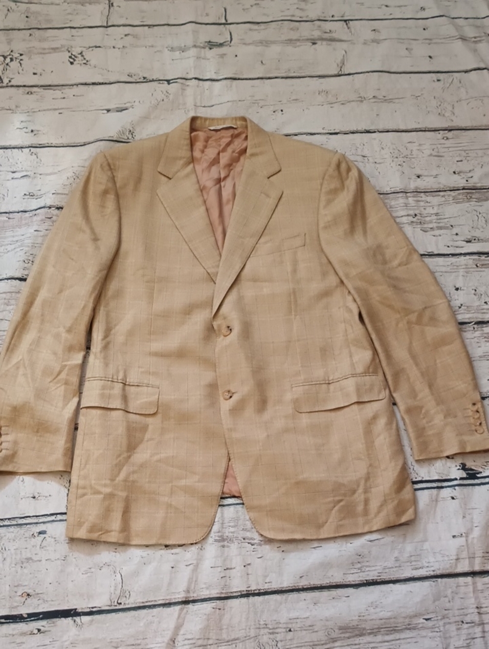 Canali Men's Gold Tan Light Blue Plaid WindowPane Wool Silk Blazer 44